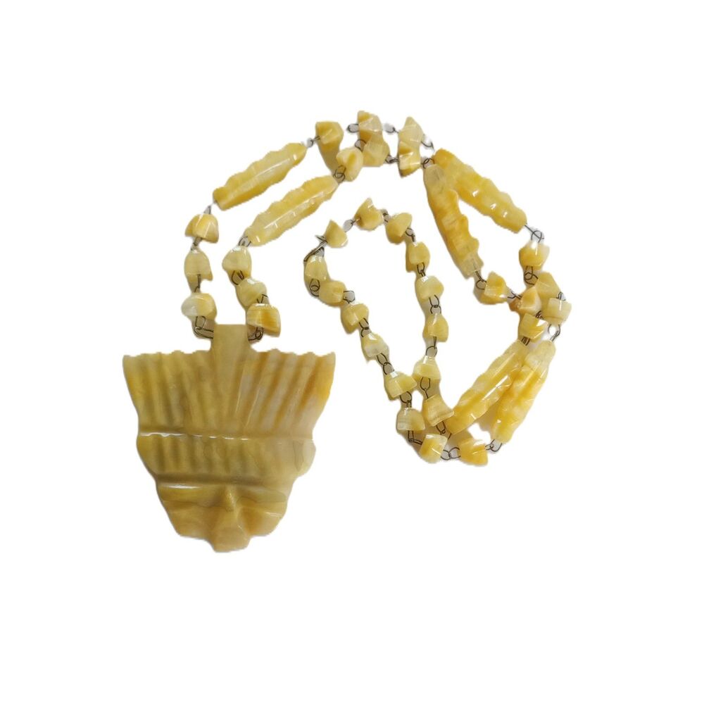 Vintage Aztec style Alabaster pendant necklace Mayan Mask Carved Mexico 15"